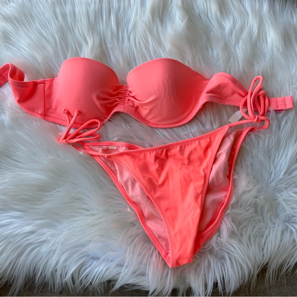 Victoria’s Secret Coral Hot Pink Strapless Top and Bottoms Side Tie Set